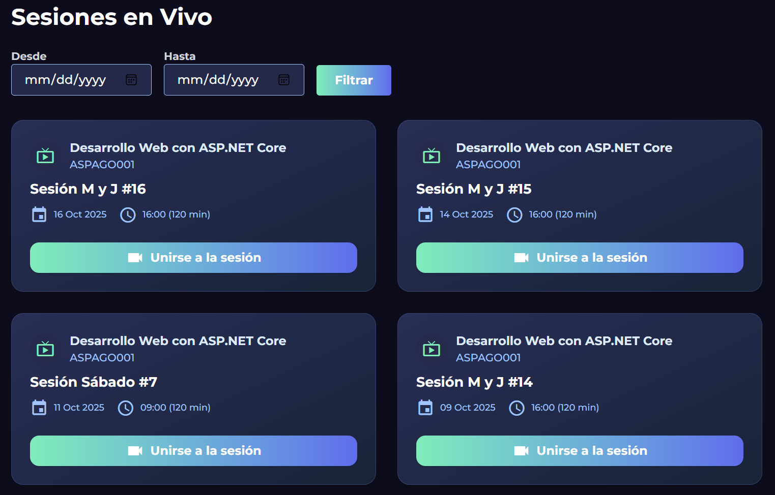 Captura ZeroOneNext — Plataforma de capacitación