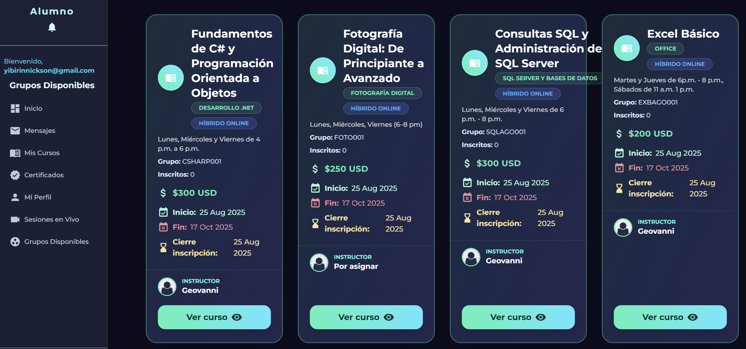 Captura ZeroOneNext — Plataforma de capacitación